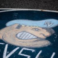 A chalk drawing of Louie with the letters "GVSU"